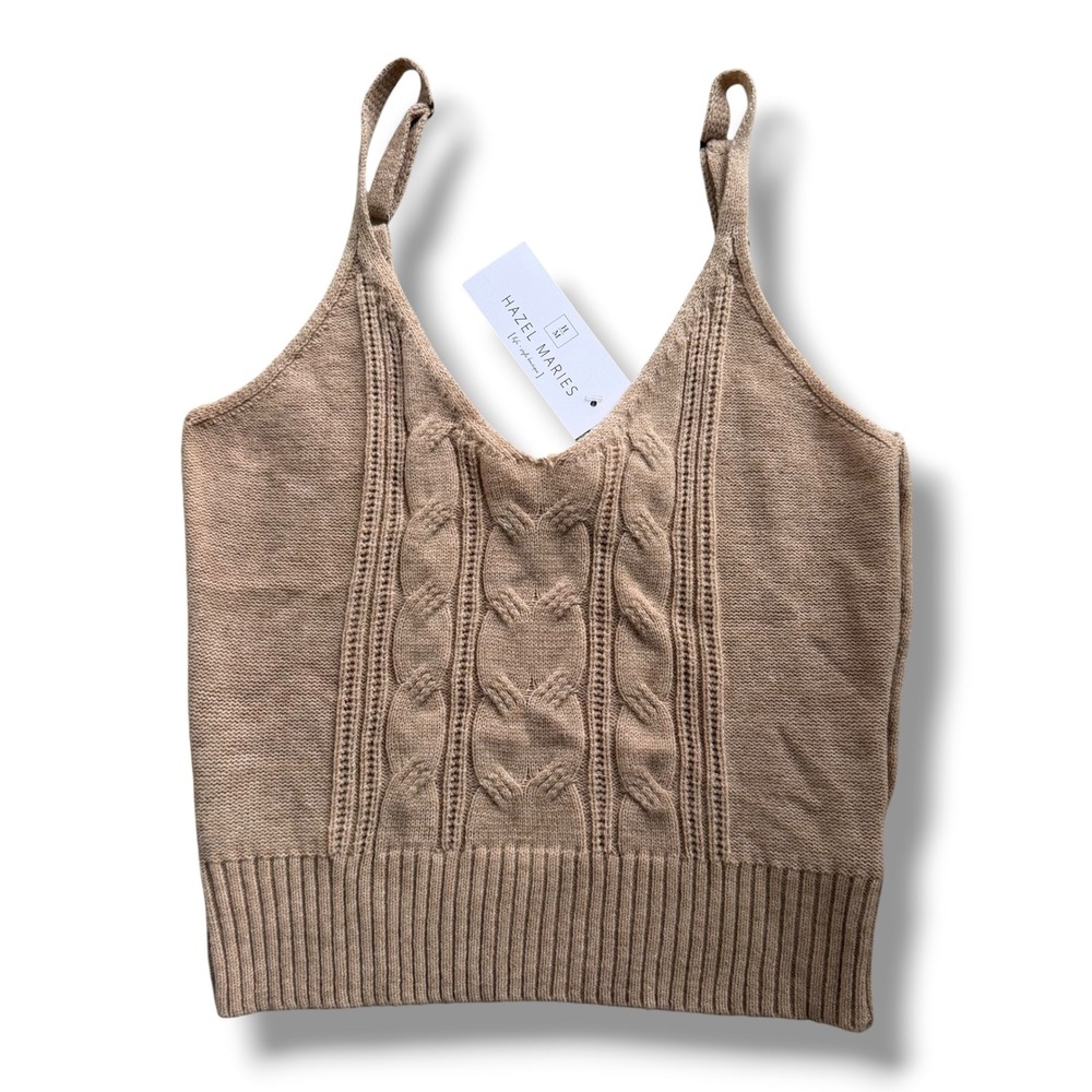 Hem & Thread Womens S Taupe Cable Knit Cropped V-Neck Sweater Tank Boho Fall New